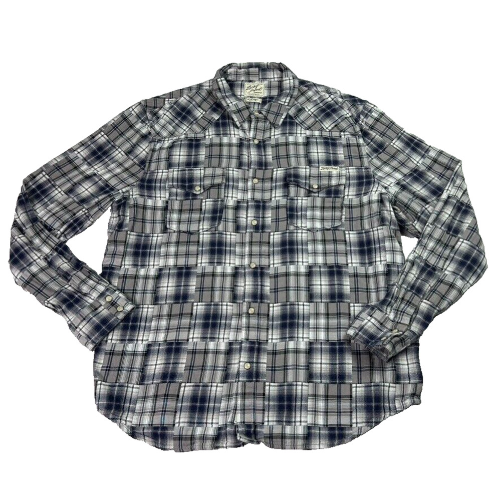 Lucky Brand Shirt Mens XL Blue Western Patchwork Pearl Snap Plaid Rodeo Country